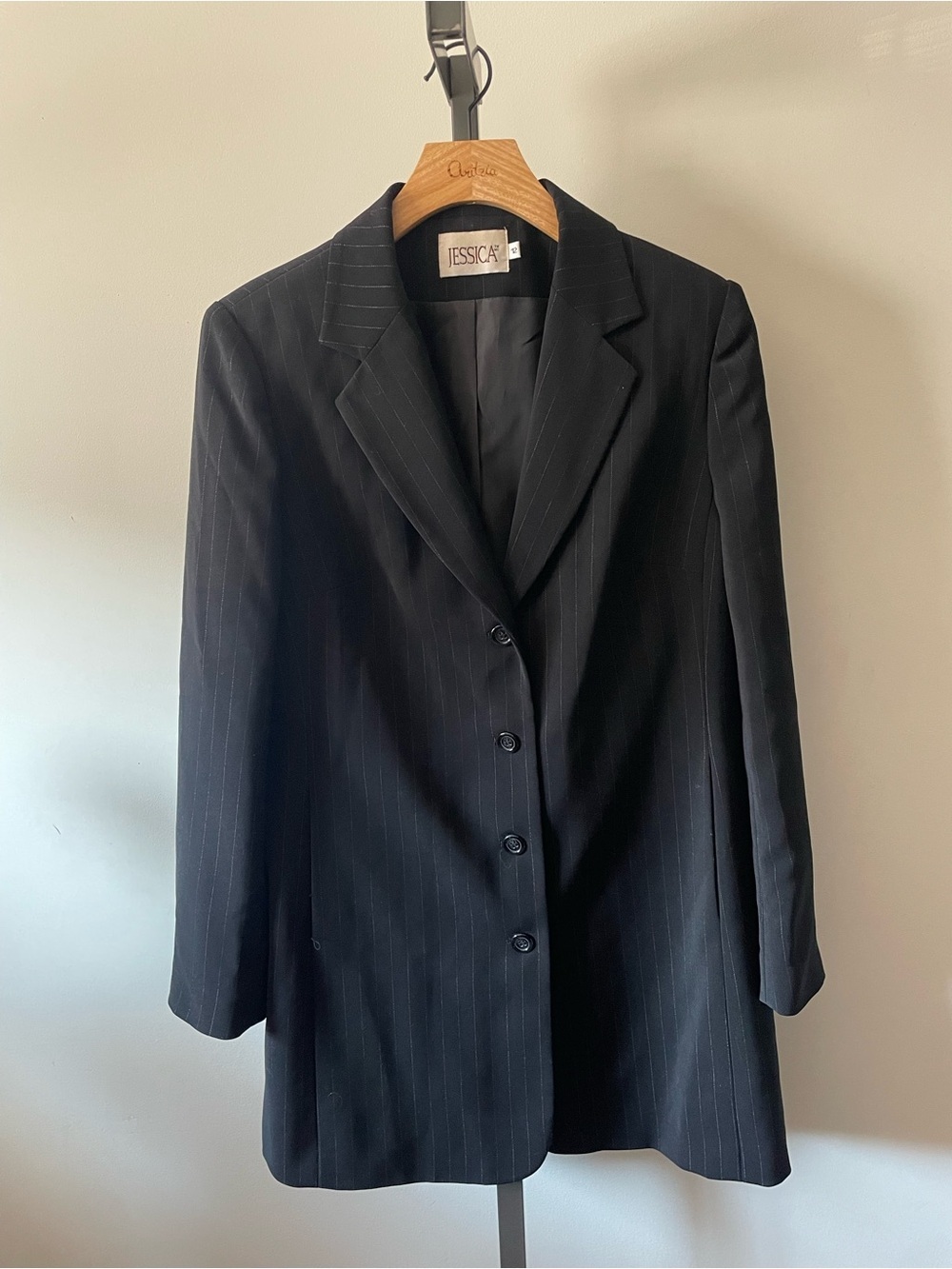 90s Vintage Jessica Black Pinstripe Tailored Long Longline Blazer Jacket Size 12